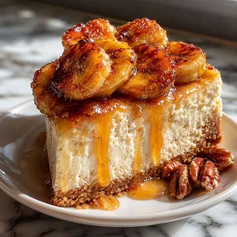 Caramelized banana cheesecake slice with rum glaze on a white plate