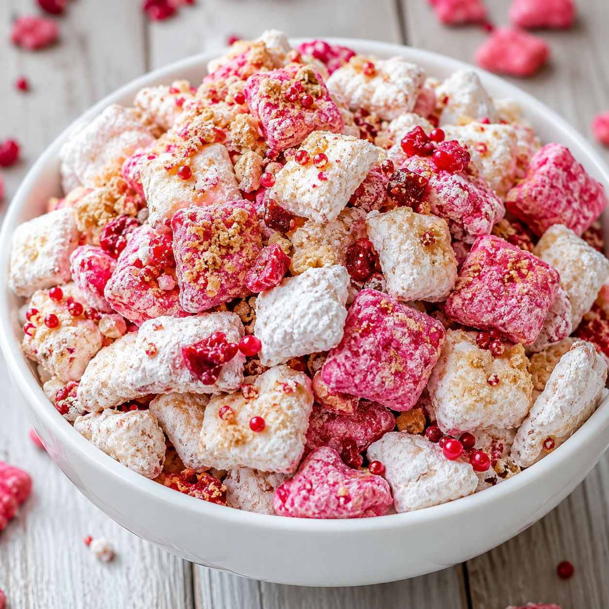 Cherry cheesecake puppy chow with pink coating, sprinkles, and graham crumbs