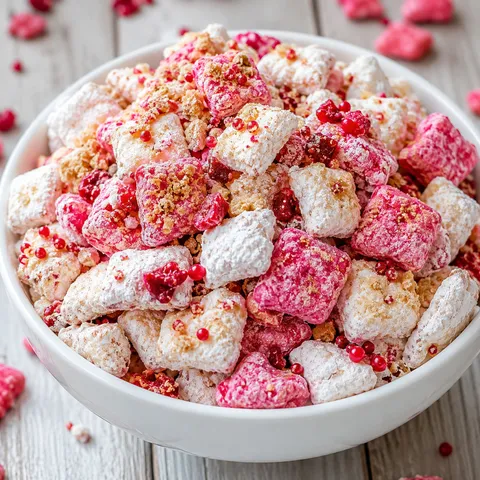 Cherry cheesecake puppy chow with pink coating, sprinkles, and graham crumbs