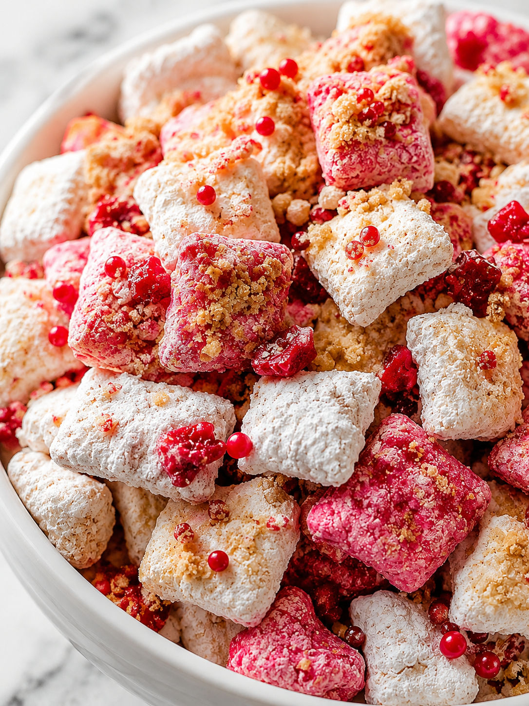 Irresistible Cherry Cheesecake Puppy Chow, plated and served