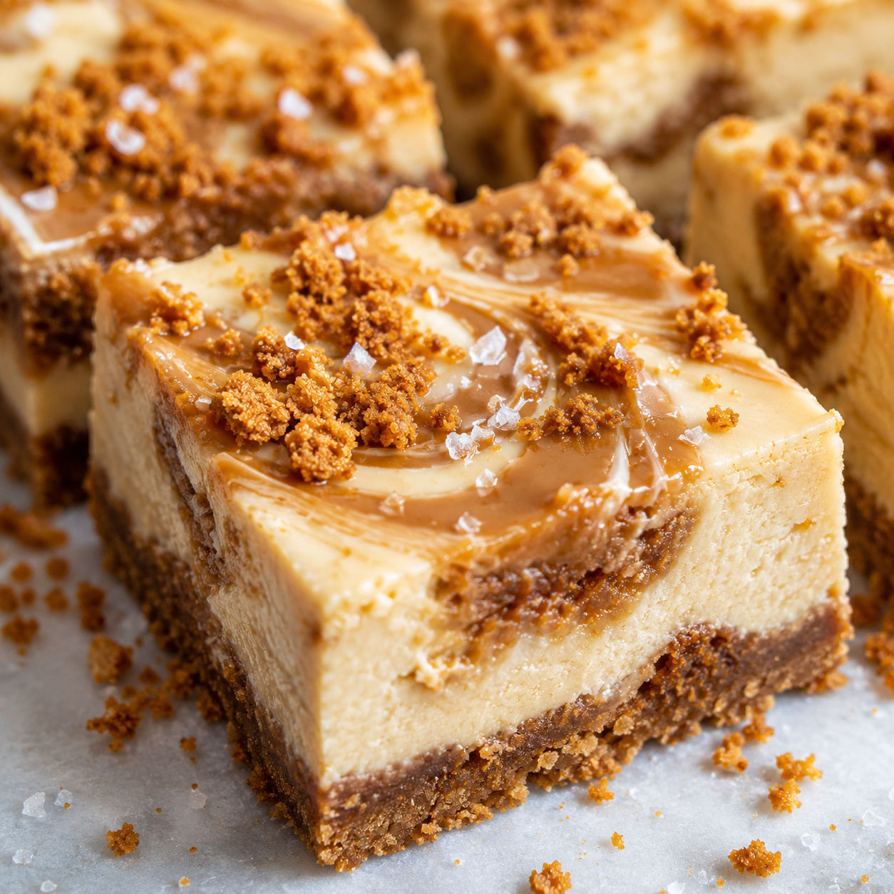 Cookie butter cheesecake bars with swirls and cookie crumbs