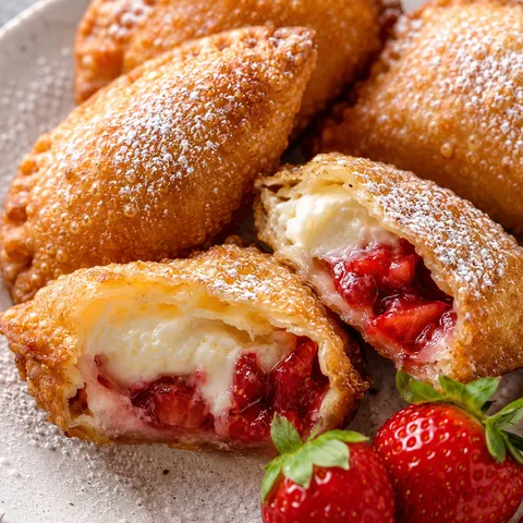 Deep-fried strawberry cheesecake pies with creamy filling and powdered sugar