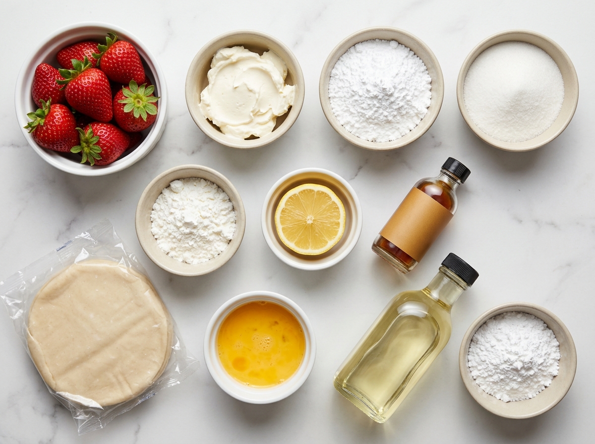Ingredients for fried strawberry cheesecake hand pies on a stone counter