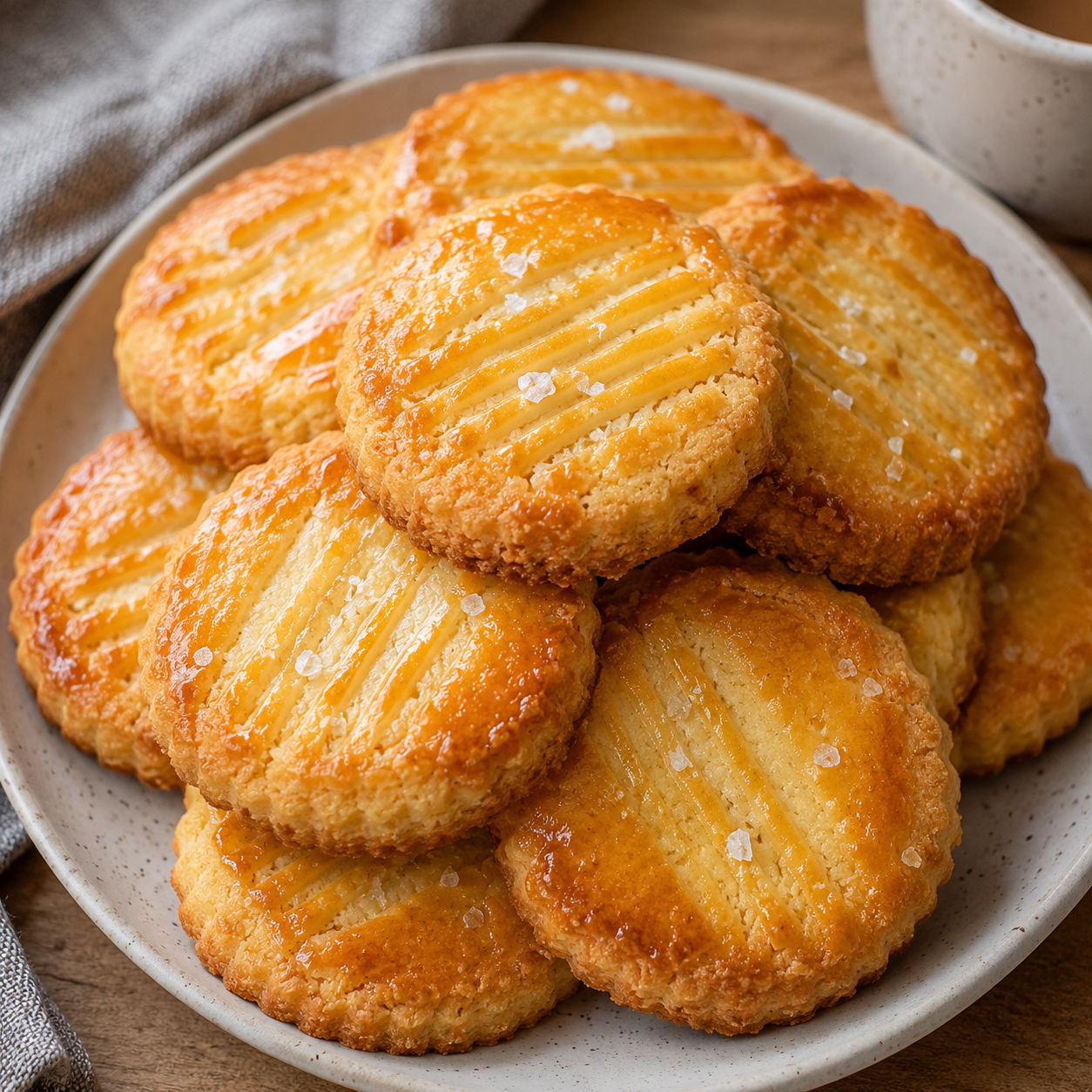 Golden French butter cookies with fork marks on a pale plate