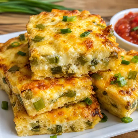 Green chile cheese squares with scallions on a white platter