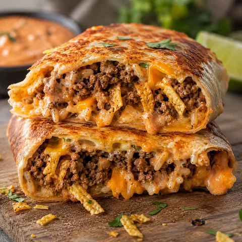 Grilled cheese beef burrito with chipotle crema and golden cheese crust