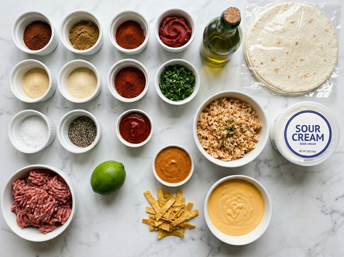 Ingredients for chipotle grilled cheese beef burritos on a wooden counter