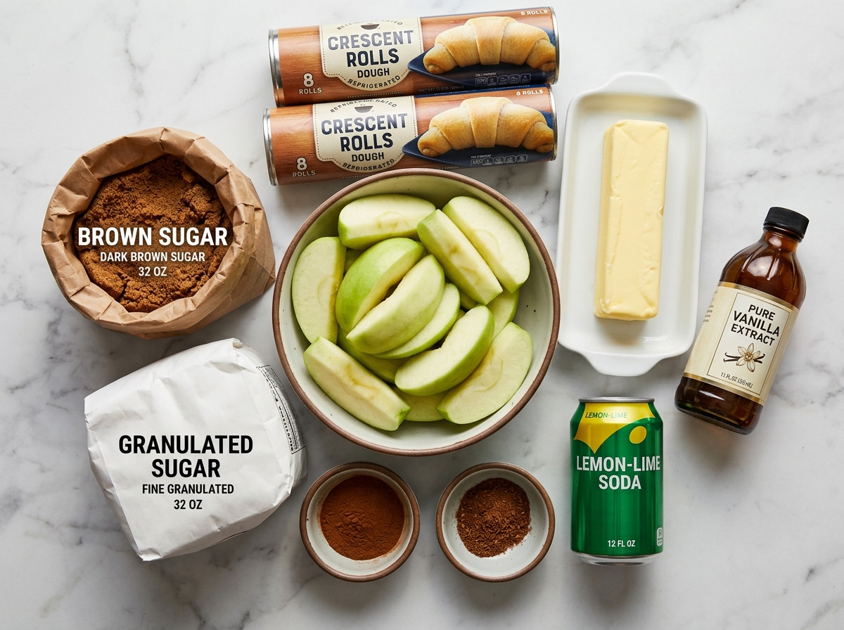 Crescent dough, apple wedges, butter, brown sugar, cinnamon, and citrus soda on wood
