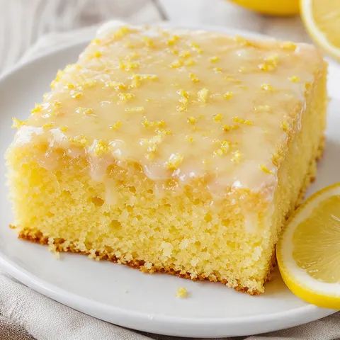 Glazed lemon cake square with lemon zest on a white dessert plate