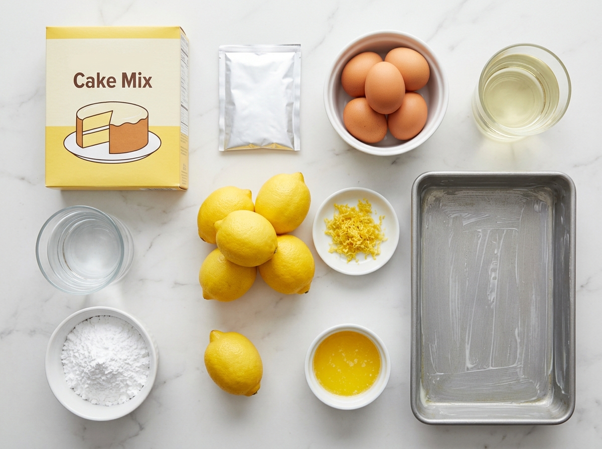 Ingredients for lemon glaze cake with lemons, eggs, cake mix, and powdered sugar