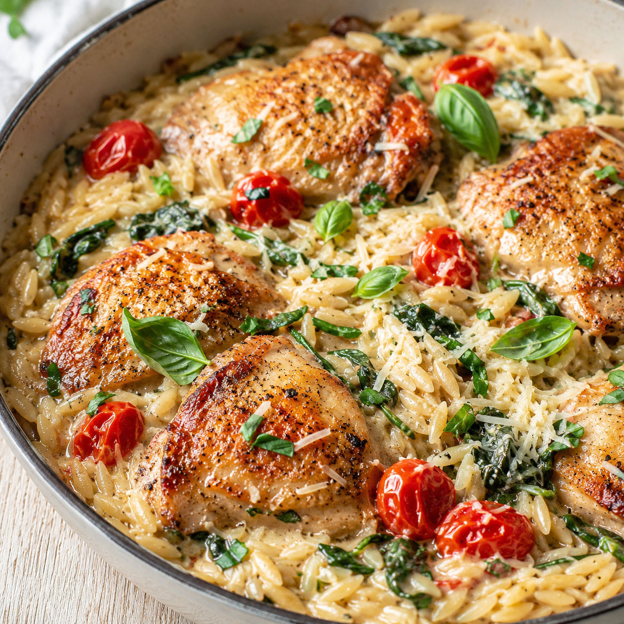 Creamy Boursin orzo chicken with seared thighs and spinach in a skillet