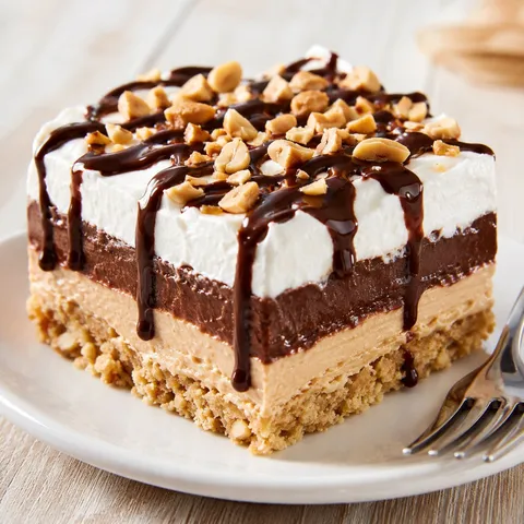 Peanut butter chocolate delight slice with whipped topping and peanuts