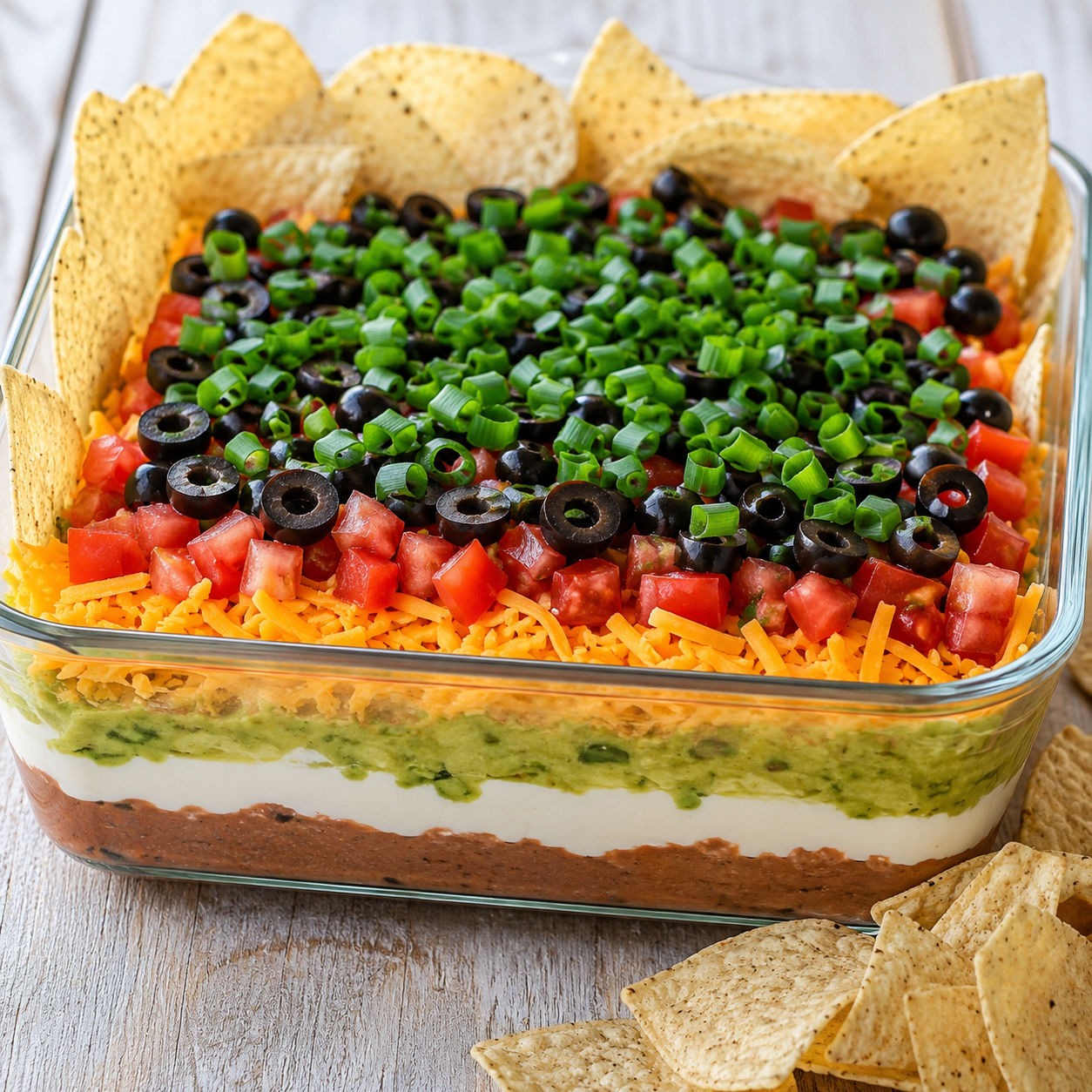 Seven-layer taco dip with cheese, tomatoes, olives, green onions, and chips