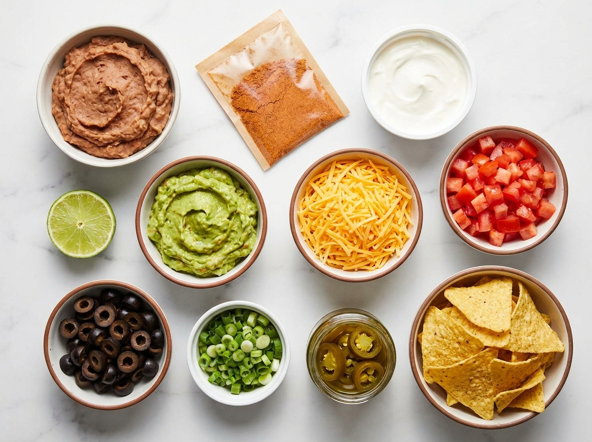 Ingredients for seven-layer taco dip with beans, guacamole, cheese, and chips