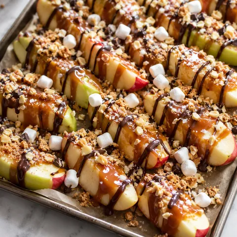 Sheet pan caramel apple slices with chocolate drizzle and chopped nuts