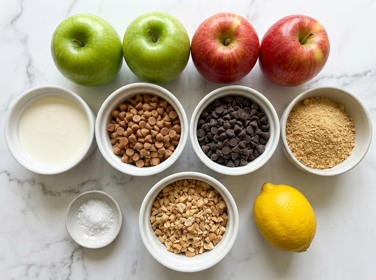 Ingredients for sheet pan caramel apples with chocolate and nuts