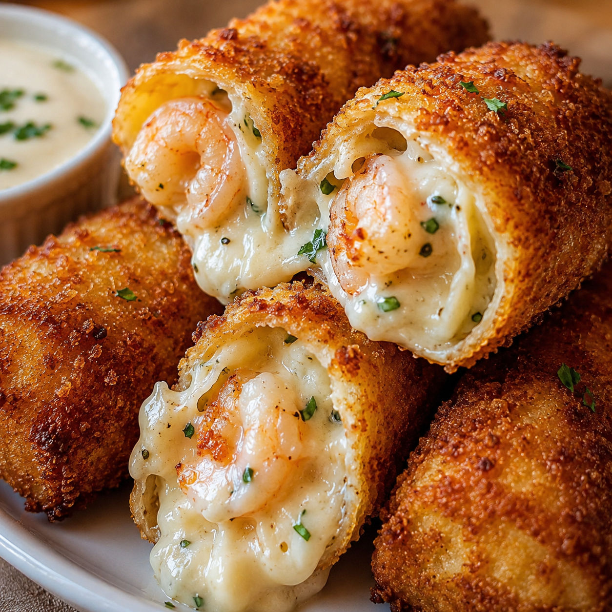 Golden fried shrimp Alfredo burrito morsels with creamy cheese filling on a white plate