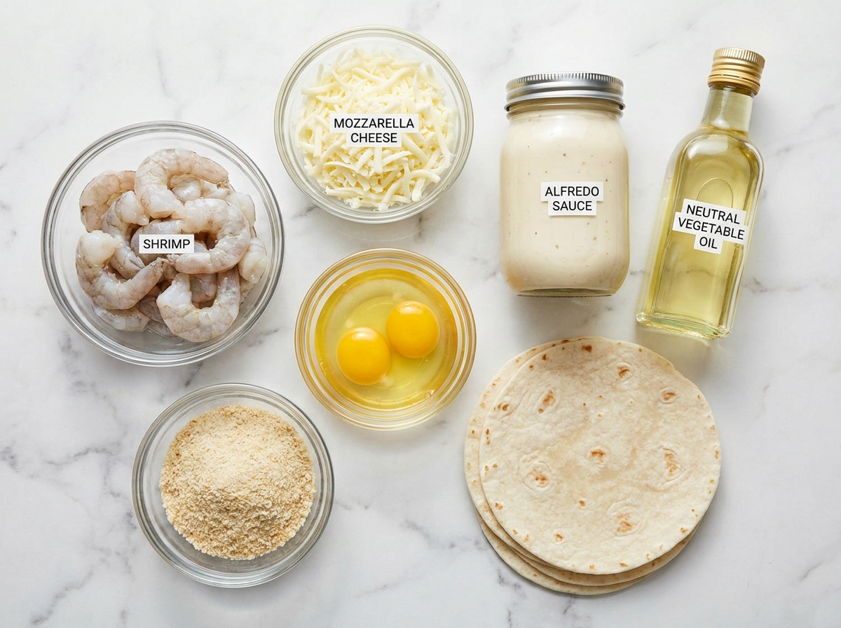 Raw ingredients for shrimp Alfredo burrito morsels on a wooden counter