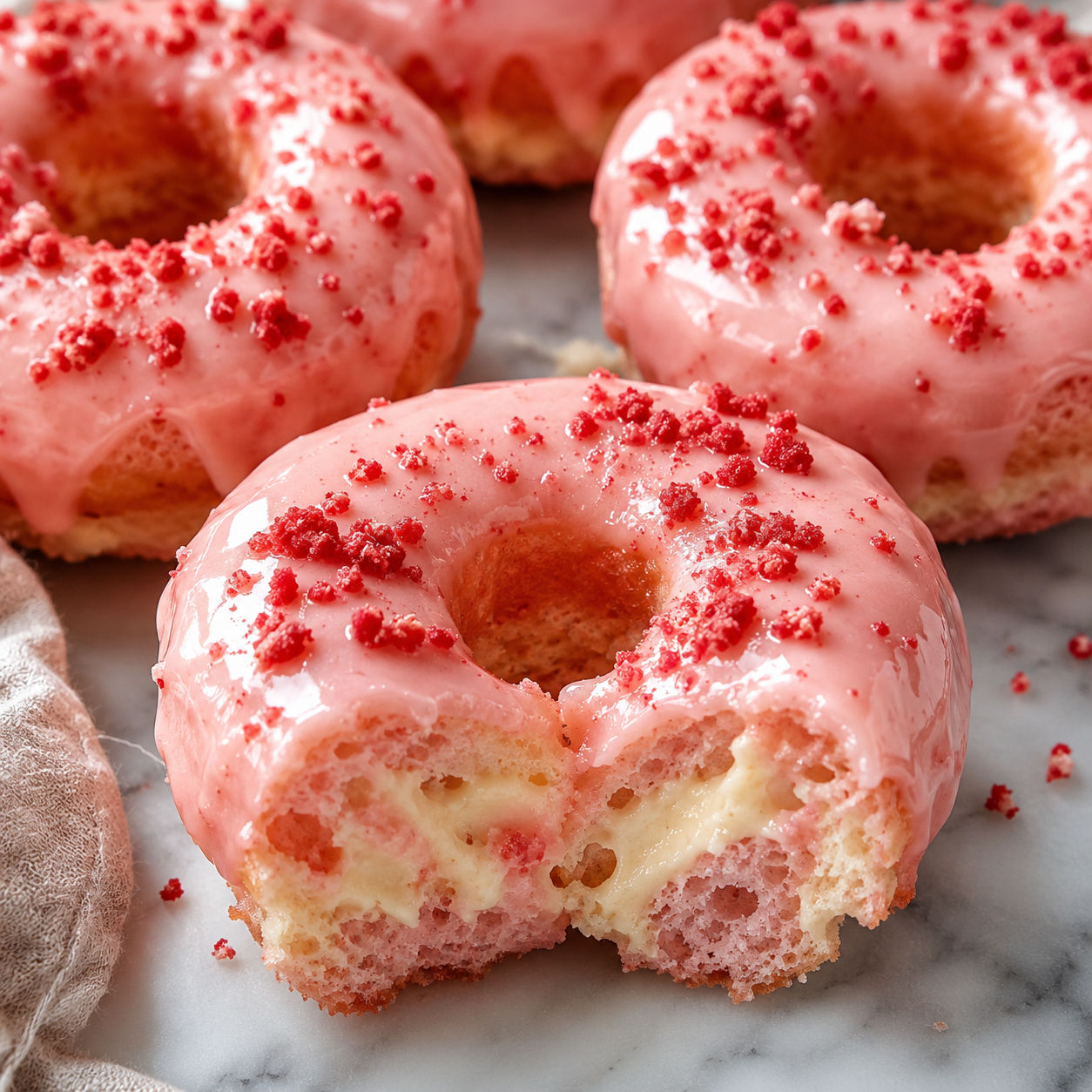 Baked strawberry cheesecake donuts with pink glaze and cheesecake swirl on marble