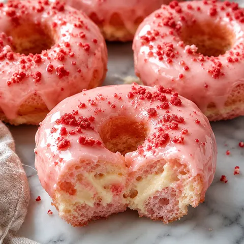 Baked strawberry cheesecake donuts with pink glaze and cheesecake swirl on marble