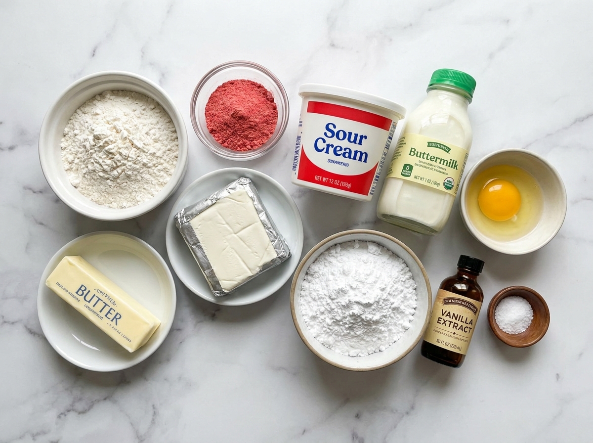 Raw ingredients for strawberry cheesecake donuts on a wooden board