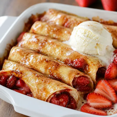 Strawberry-filled enchiladas with cinnamon glaze and vanilla ice cream