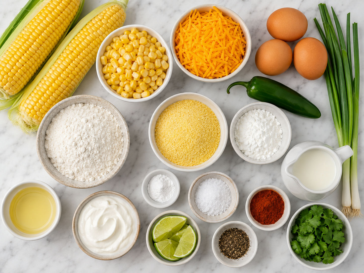 Corn, cheddar, scallions, jalapeno, eggs, and dry ingredients for fritters