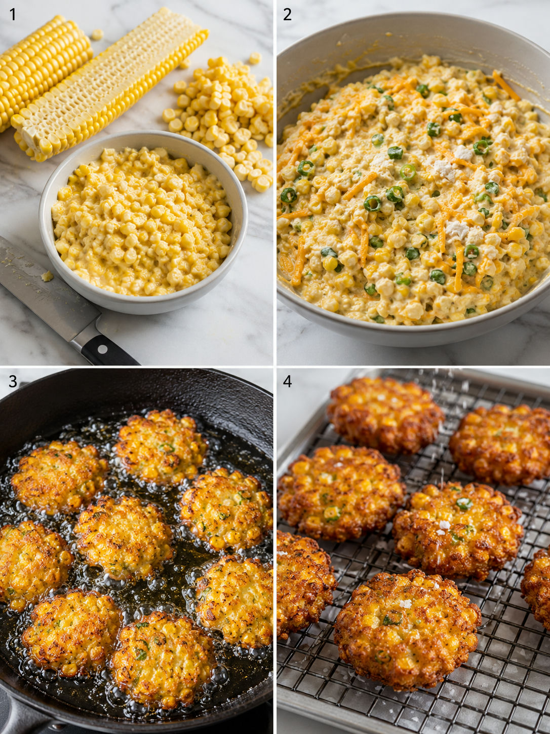 Four cooking steps for cheesy corn fritters from mixing to frying