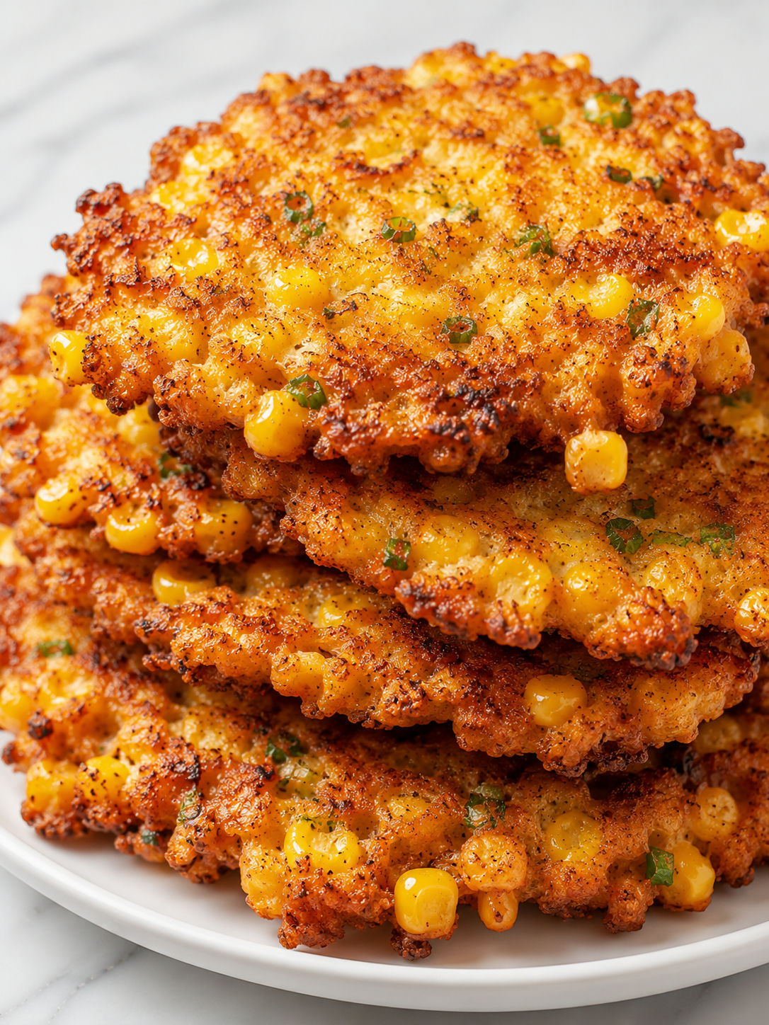 Stacked crispy cheesy corn fritters with herbs, lime, and sour cream
