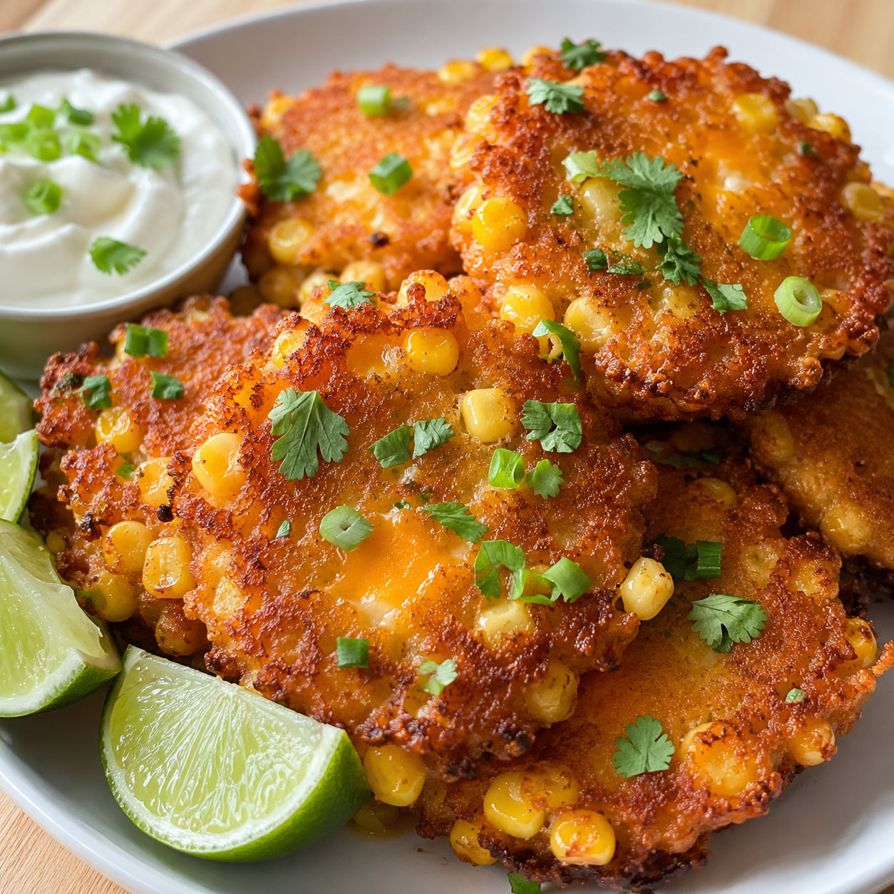 Cheesy corn fritters with crisp edges, scallions, sour cream, and lime