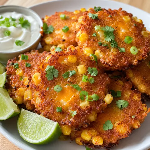 Cheesy corn fritters with crisp edges, scallions, sour cream, and lime