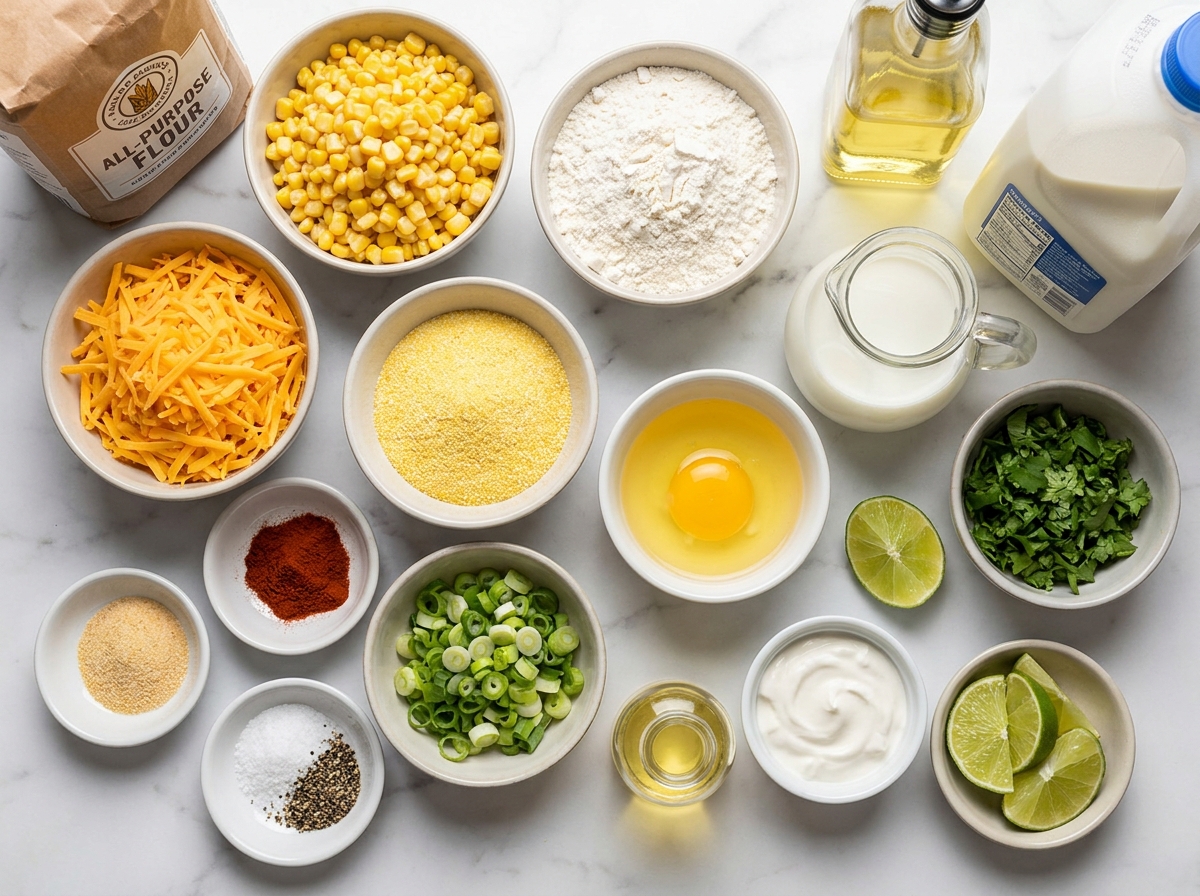 Ingredients for cheesy corn fritters with corn, cheddar, egg, scallions, and lime