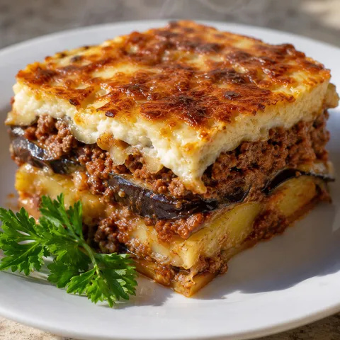 Greek moussaka slice with eggplant, meat sauce, potatoes, and bechamel