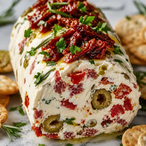 Italian antipasto cream cheese log topped with sun-dried tomatoes and herbs