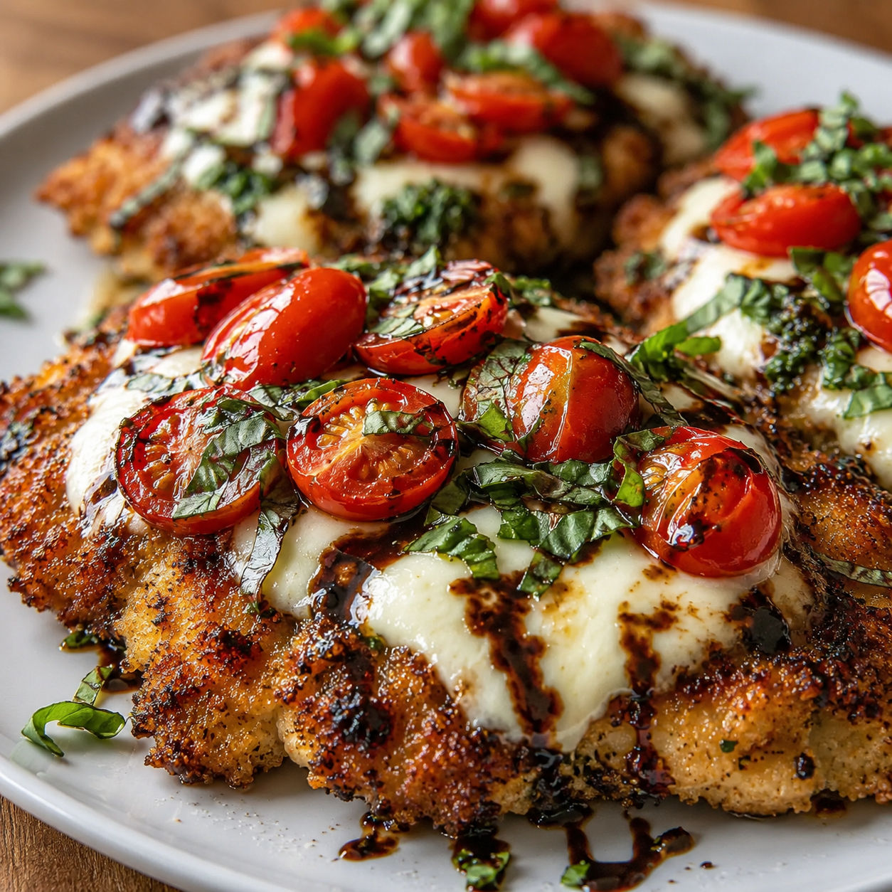 Italian basil chicken cutlets with tomato, mozzarella, and balsamic glaze