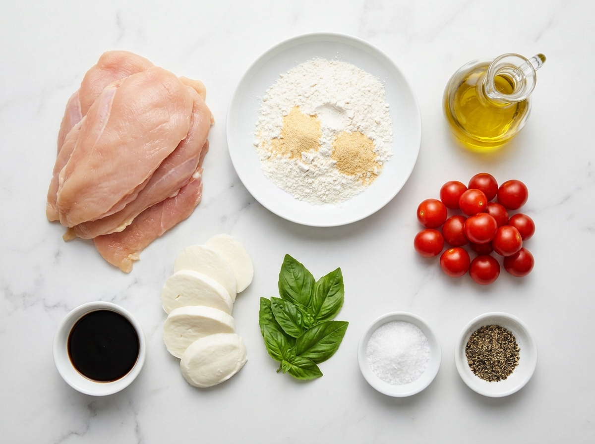 Ingredients for Italian basil chicken cutlets with tomatoes and mozzarella