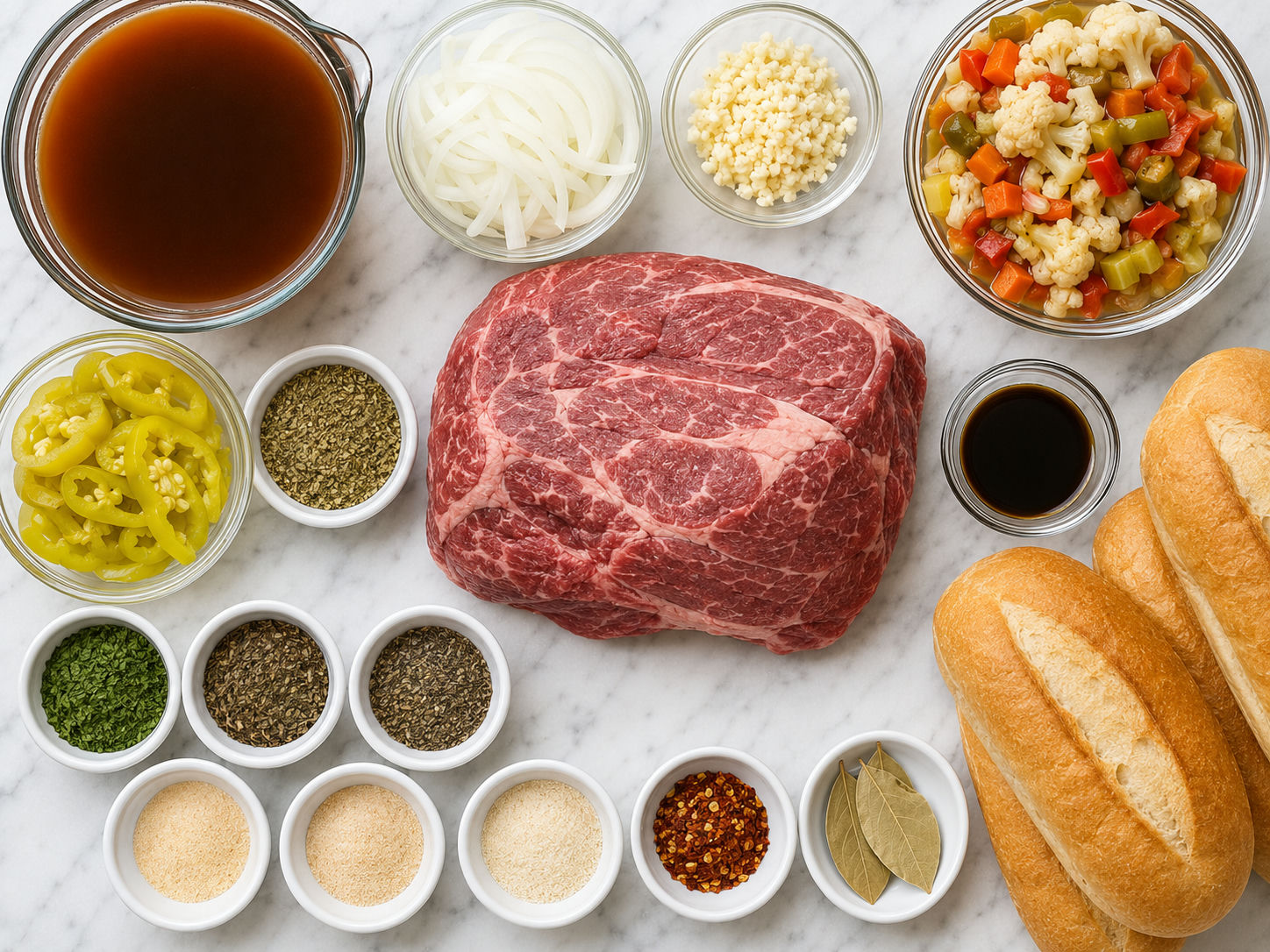 Ingredients for Italian beef sandwiches with chuck roast, peppers, rolls, and giardiniera