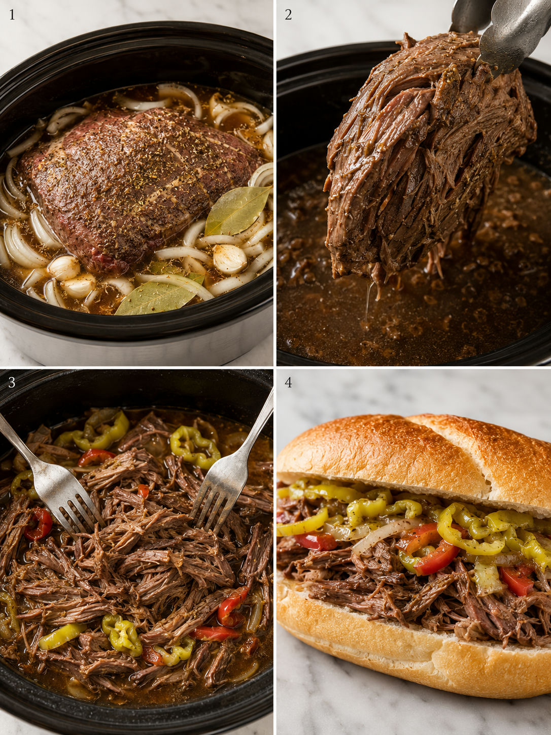Four steps for slow cooker Italian beef from seasoned roast to filled sandwich
