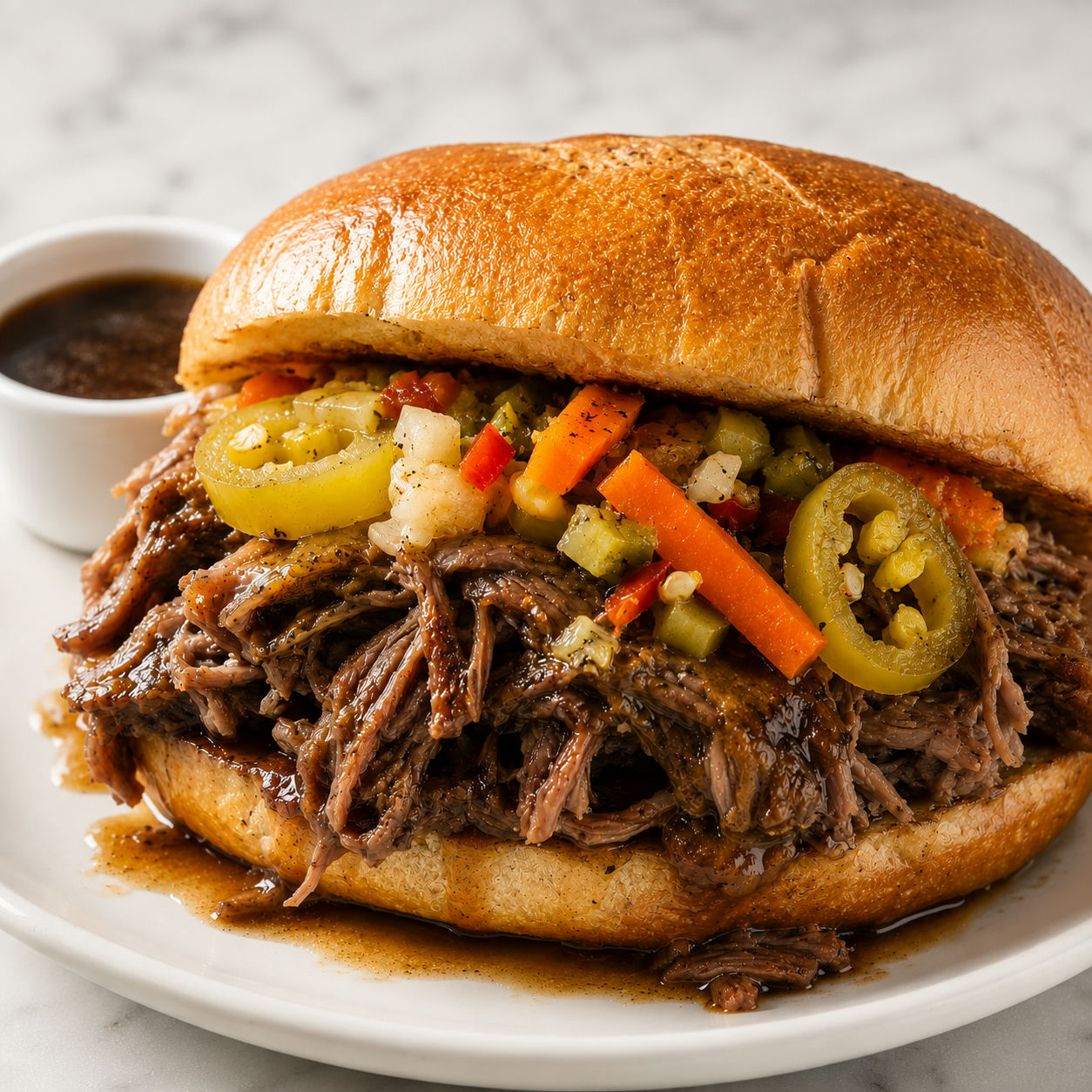Juicy Italian beef sandwich packed with peppers and giardiniera