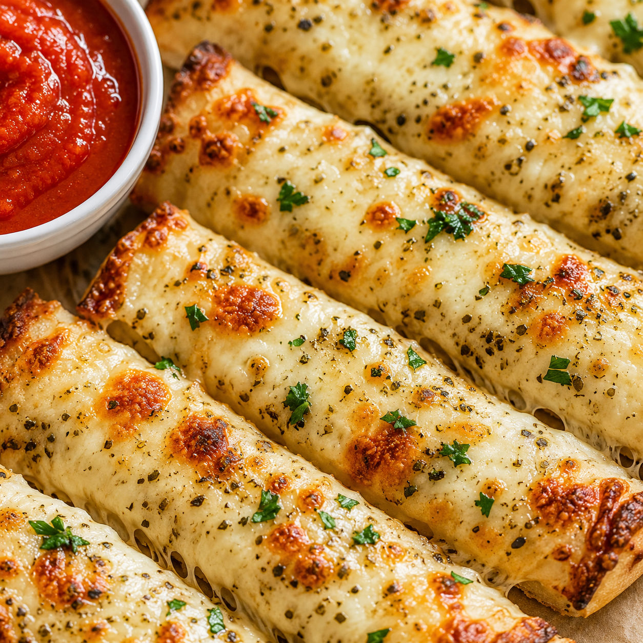 Italian cheese breadsticks with melted mozzarella and marinara sauce