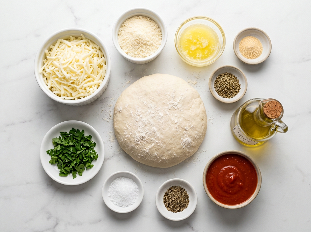 Ingredients for Italian cheese breadsticks with dough, cheeses, butter, and herbs