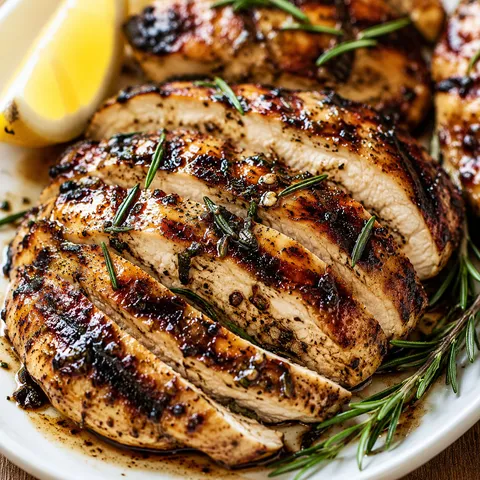 Sliced grilled Italian marinated chicken breast with rosemary and lemon