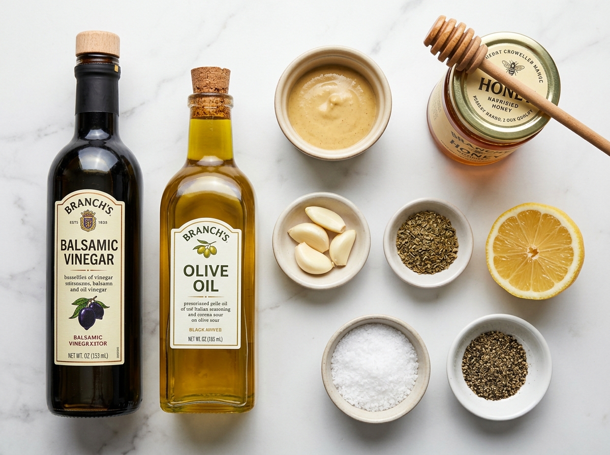 Raw ingredients for Italian chicken marinade on a wooden surface