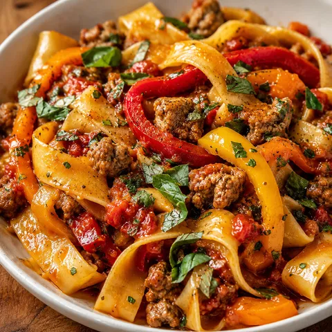 Italian drunken noodles with sausage, bell peppers, basil, and parsley