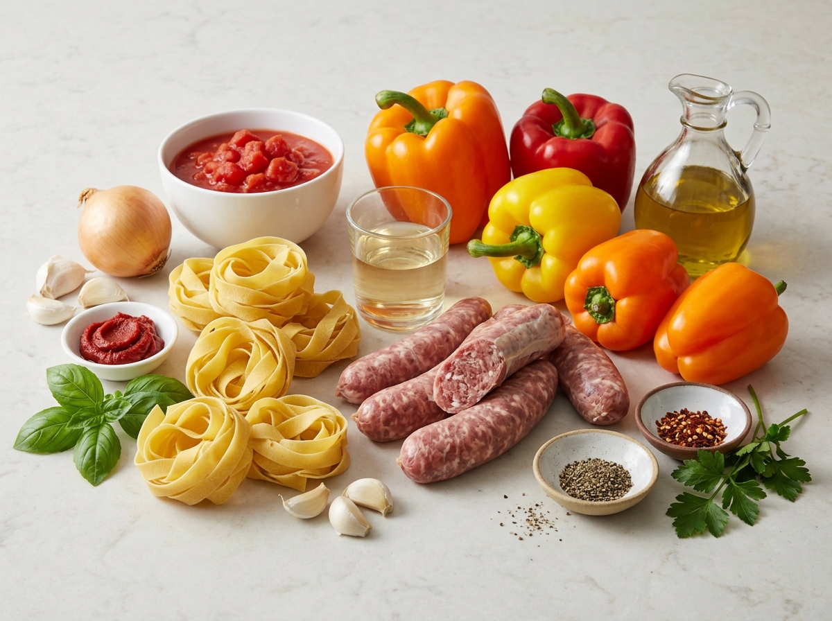 Ingredients for Italian drunken noodles with sausage and bell peppers