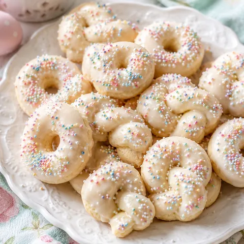 Italian Easter cookies with white glaze and pastel sprinkles on a platter