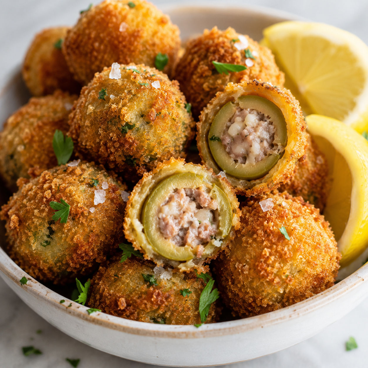 Italian fried stuffed olives with golden breadcrumbs and lemon wedges