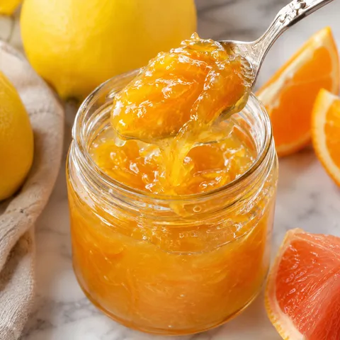 Golden Italian lemon jam with citrus peel in a glass jar