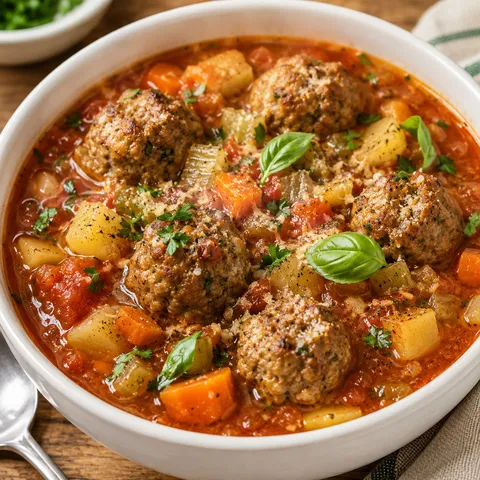 Italian meatball soup with parmesan, basil, potatoes, and vegetables