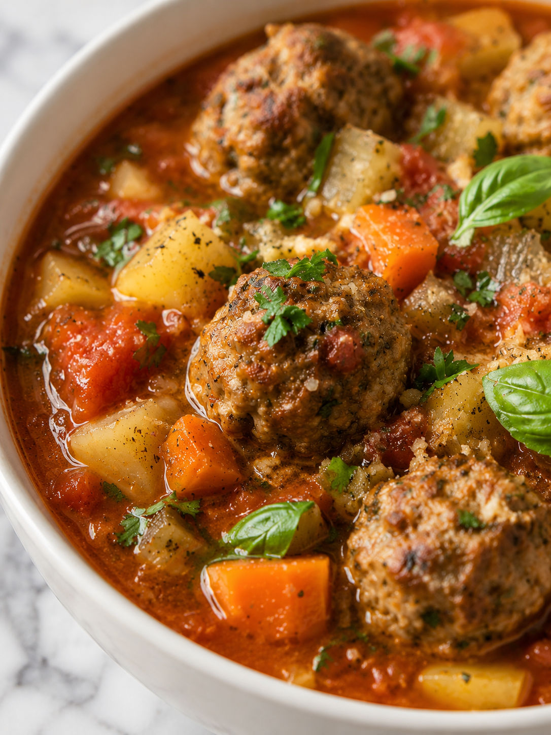 Italian Meatball Soup, plated and served